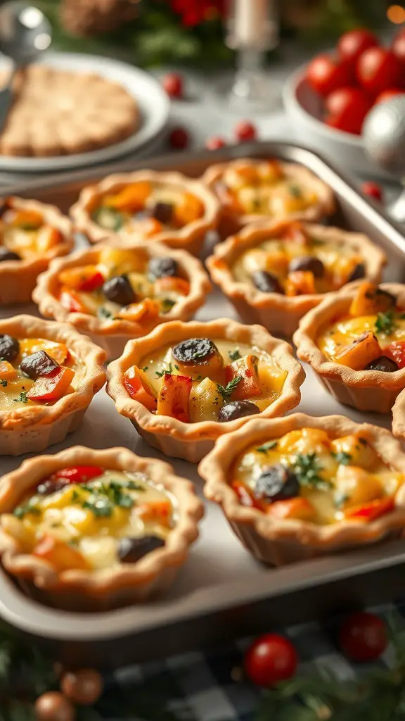 A tray of mini quiches filled with seasonal vegetables, showcasing a variety of colors and textures.