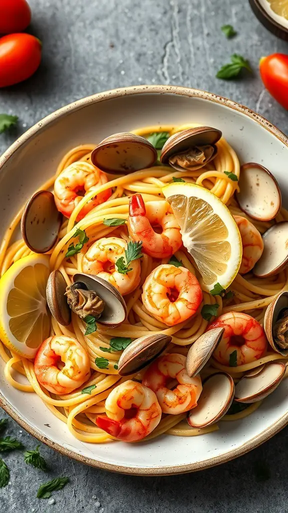 A bowl of seafood pasta with shrimp and clams, garnished with lemon and herbs.