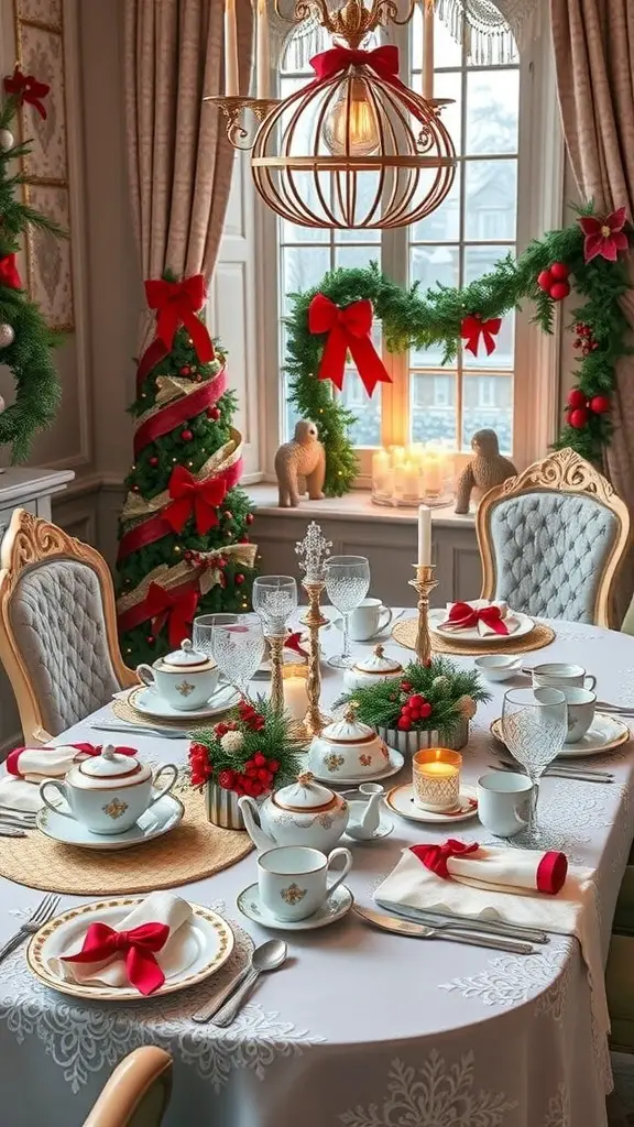 A beautifully set Christmas tea party table with elegant dishware, red bows, and festive decorations.