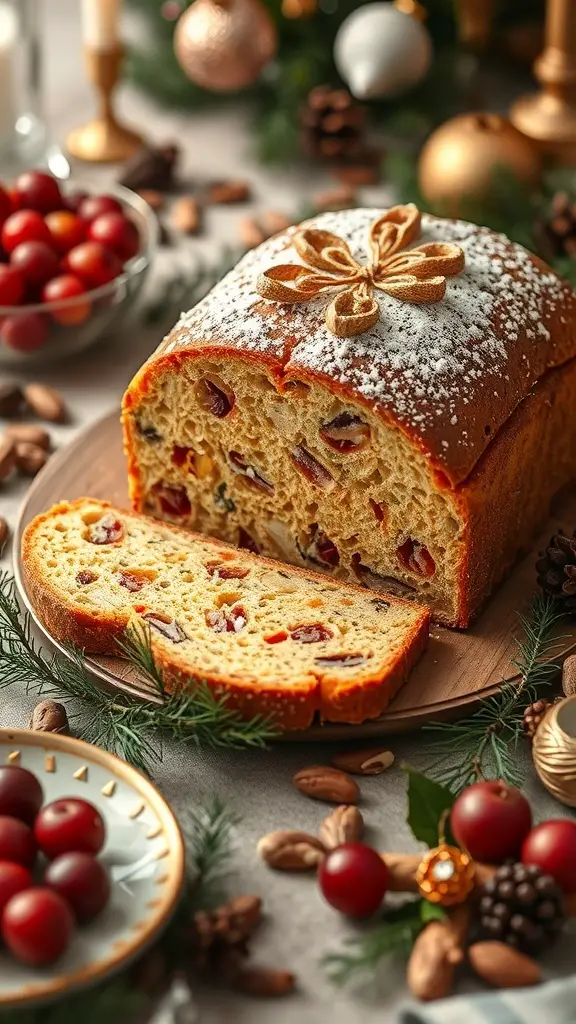 A beautifully baked panettone with a slice cut out, showcasing its fluffy interior and decorated with powdered sugar.