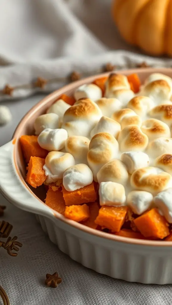 A delicious sweet potato casserole topped with toasted marshmallows in a baking dish.