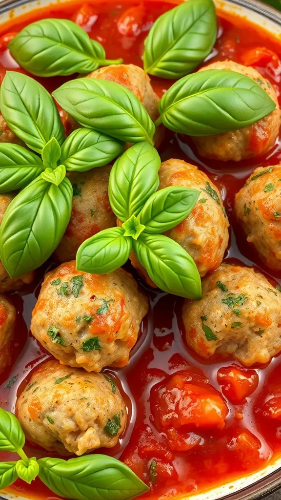 Garlic and herb turkey meatballs in marinara sauce topped with fresh basil