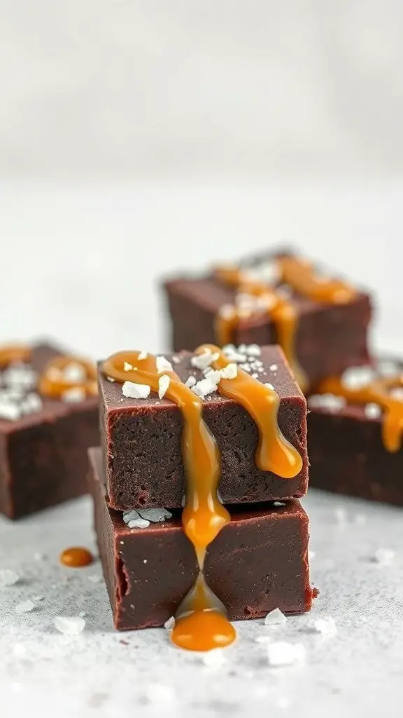 Salted caramel dark chocolate fudge squares with caramel drizzle and sea salt