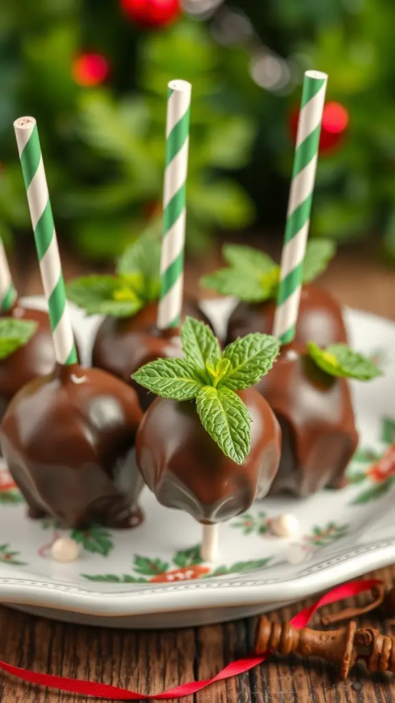 Chocolate mint cake pops with mint leaves and striped straws on a decorative plate.