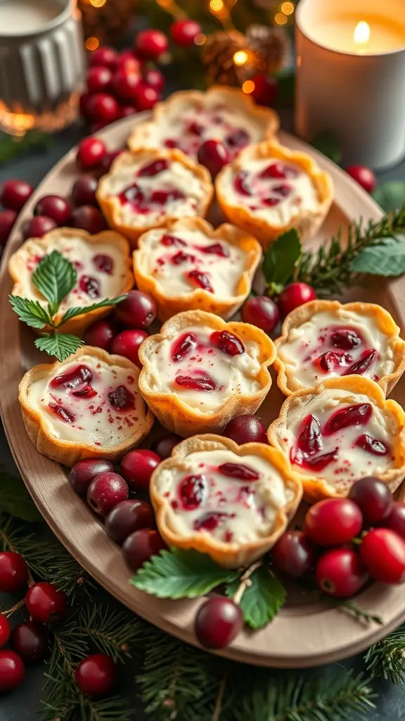 A platter of cranberry brie bites surrounded by fresh cranberries and greenery, perfect for a festive gathering.