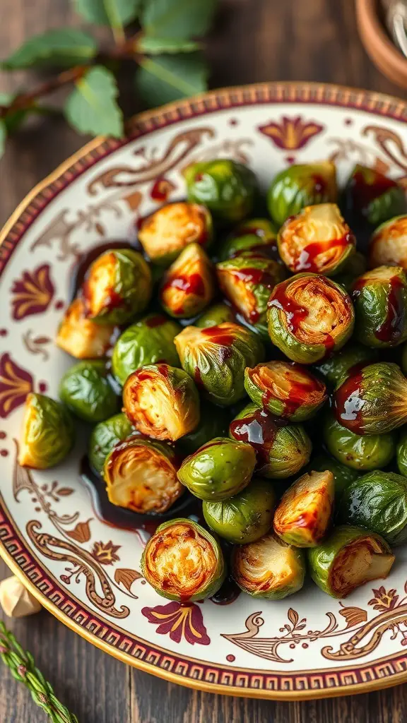 A plate of maple roasted Brussels sprouts garnished with a rich glaze.