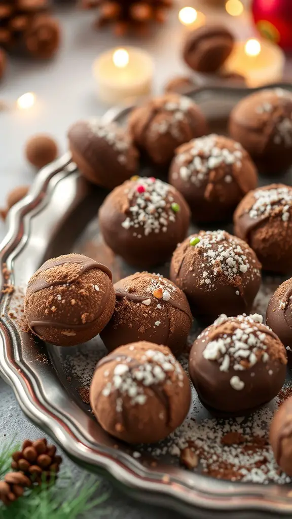 A platter of chocolate hazelnut truffles decorated with festive toppings.