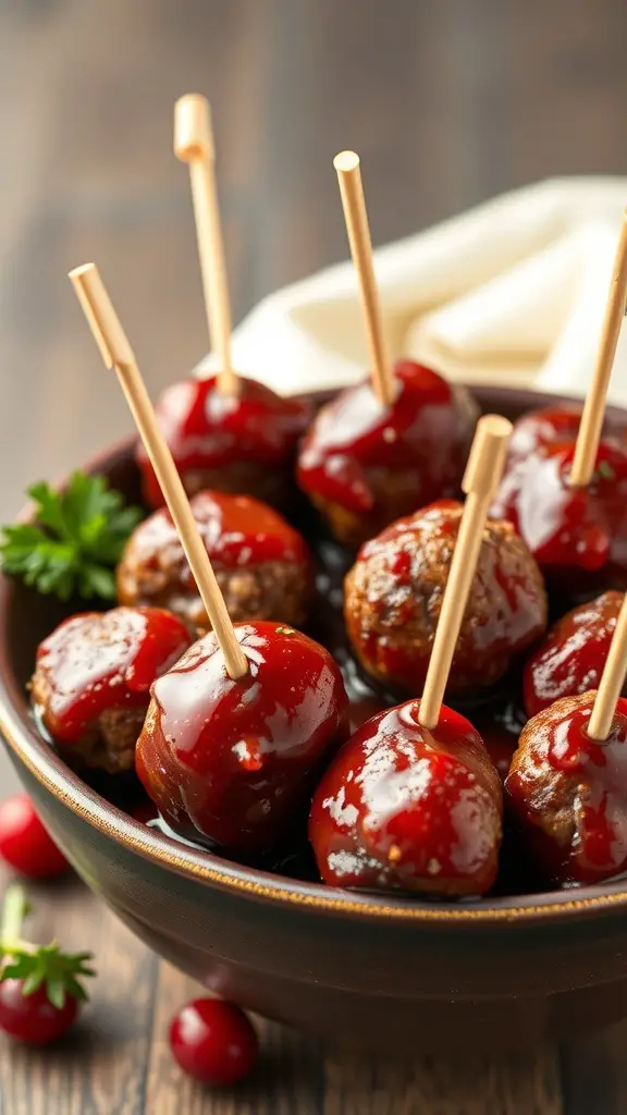 A bowl of sweet and spicy meatballs coated in cranberry sauce, garnished with toothpicks.