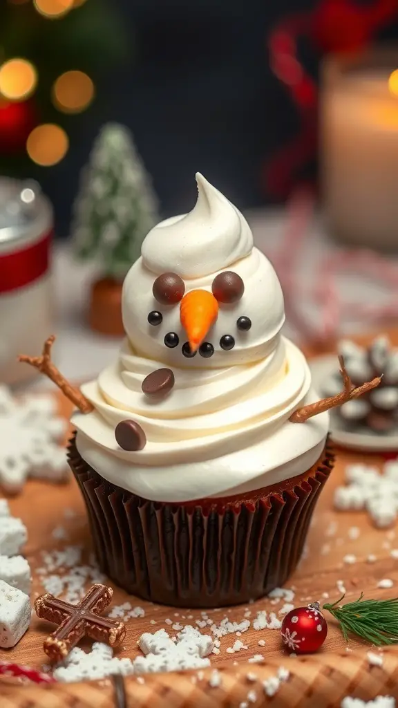 Frosted snowman cupcake with chocolate base and white frosting, decorated with candy eyes, a candy nose, and pretzel stick arms.