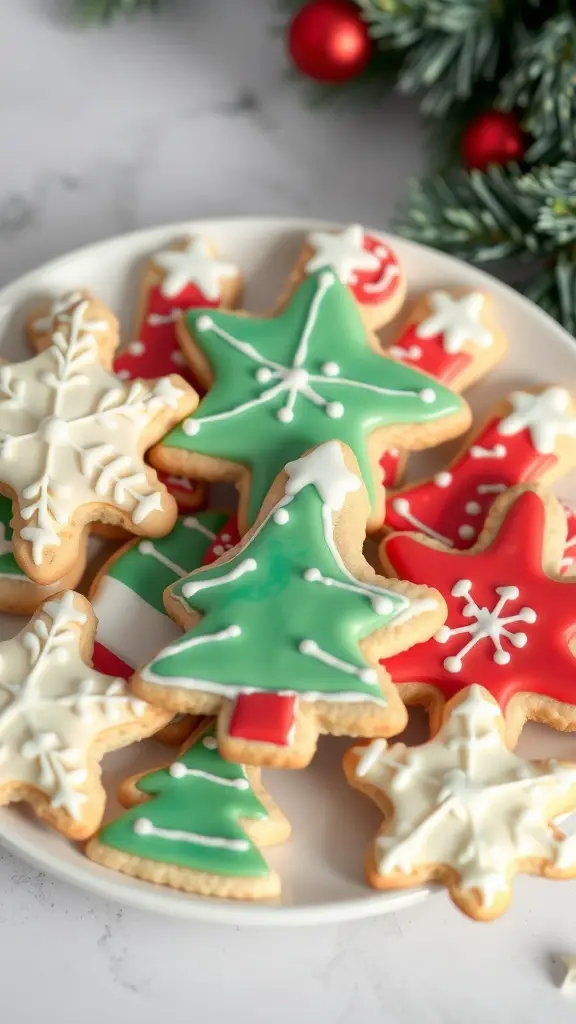 A plate of decorated Christmas sugar cookies in festive shapes