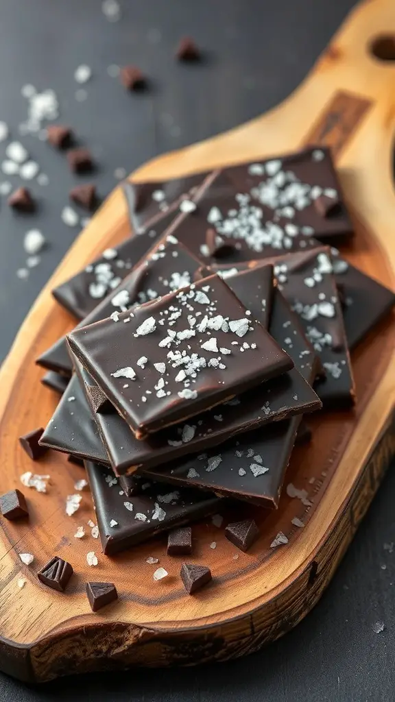 Classic dark chocolate bark with sea salt on a wooden board