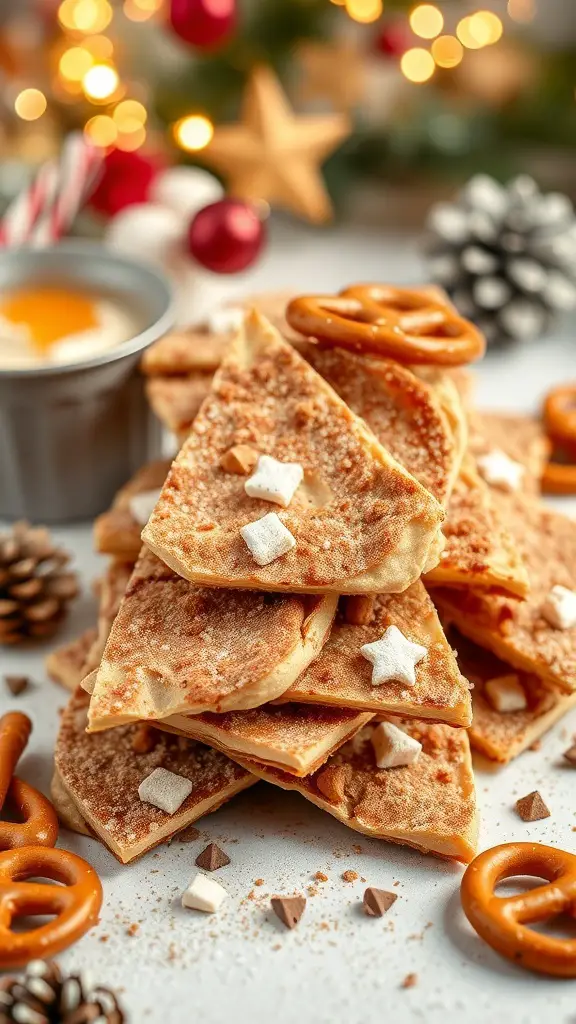 A stack of Cinnamon Sugar Pretzel Bark with festive decorations