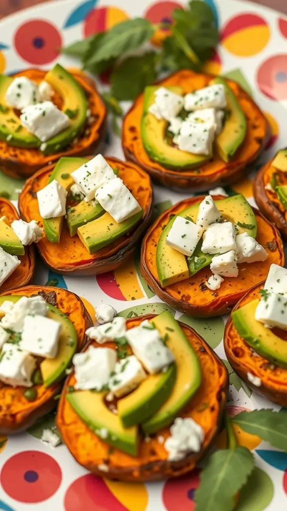 Sweet potato rounds topped with avocado and feta on a colorful plate
