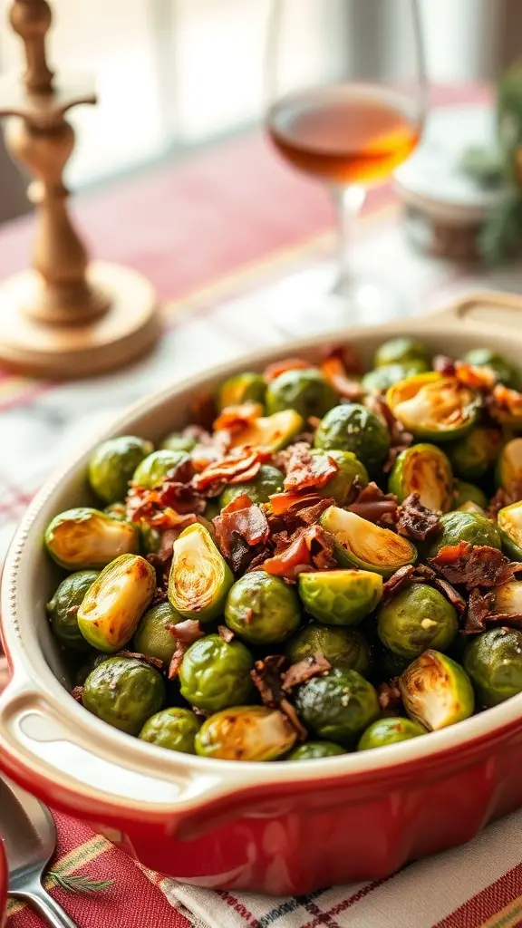 A dish of roasted Brussels sprouts with crispy pancetta, served in a red baking dish.
