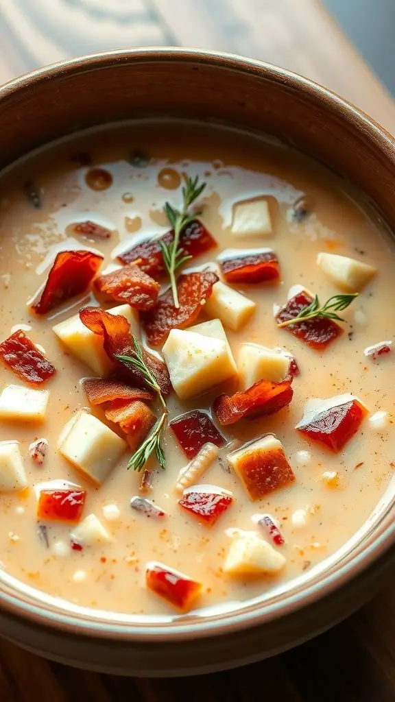 A bowl of Smoky Bacon Crab Chowder with bacon bits and herbs