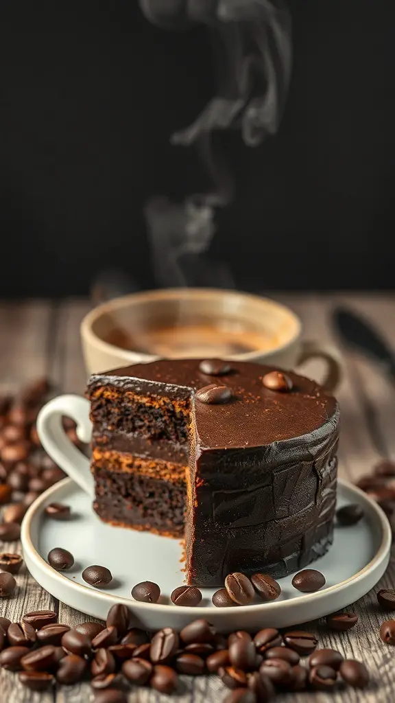 A slice of dark chocolate espresso cake on a plate with coffee beans and a steaming cup of coffee in the background.