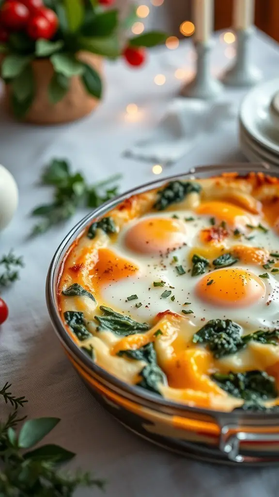 A delicious breakfast casserole with spinach and cheese, topped with eggs, served on a festive table.