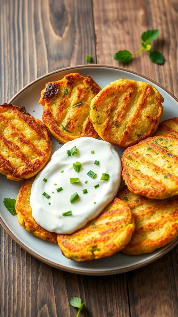 A plate of golden zucchini fritters served with a creamy tzatziki sauce.