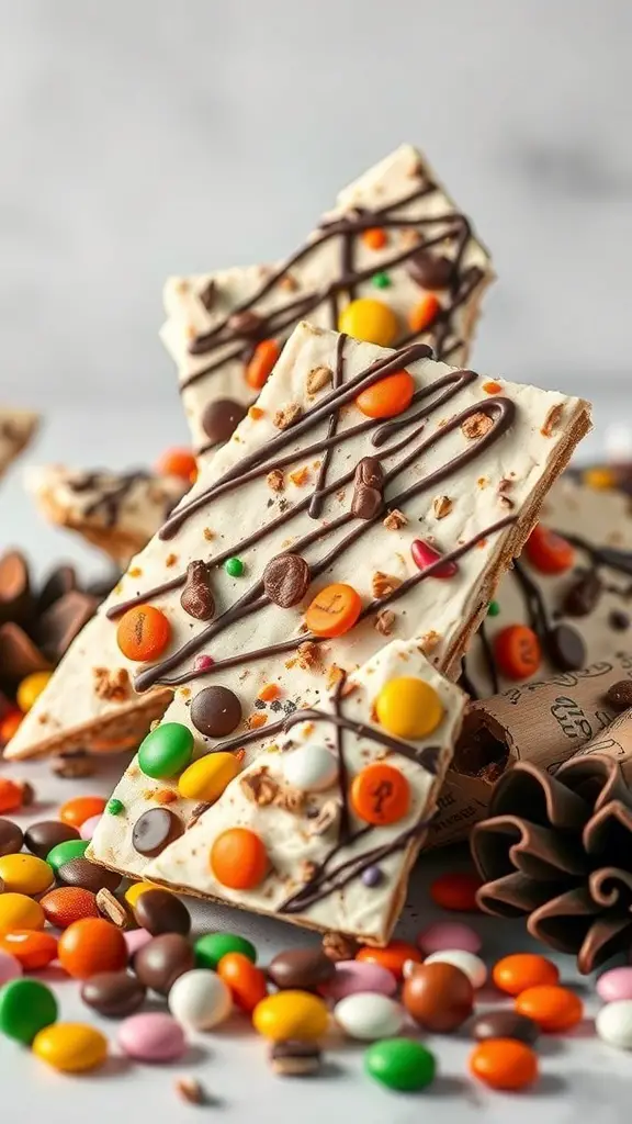 Colorful Halloween cracker bark with assorted candies and chocolate drizzle