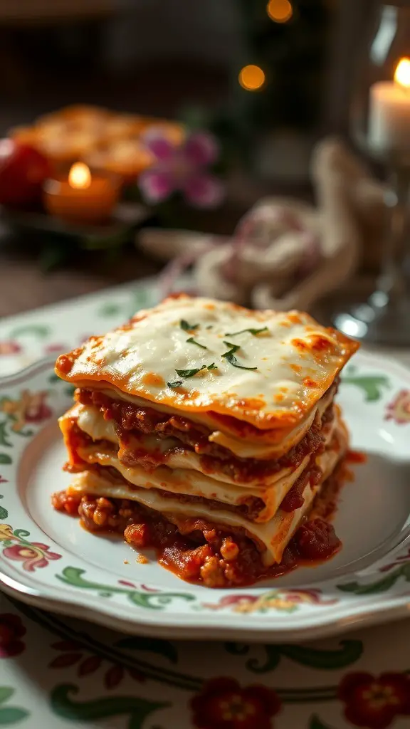 A plate of homemade lasagna with rich Bolognese sauce, topped with melted cheese and garnished with herbs.