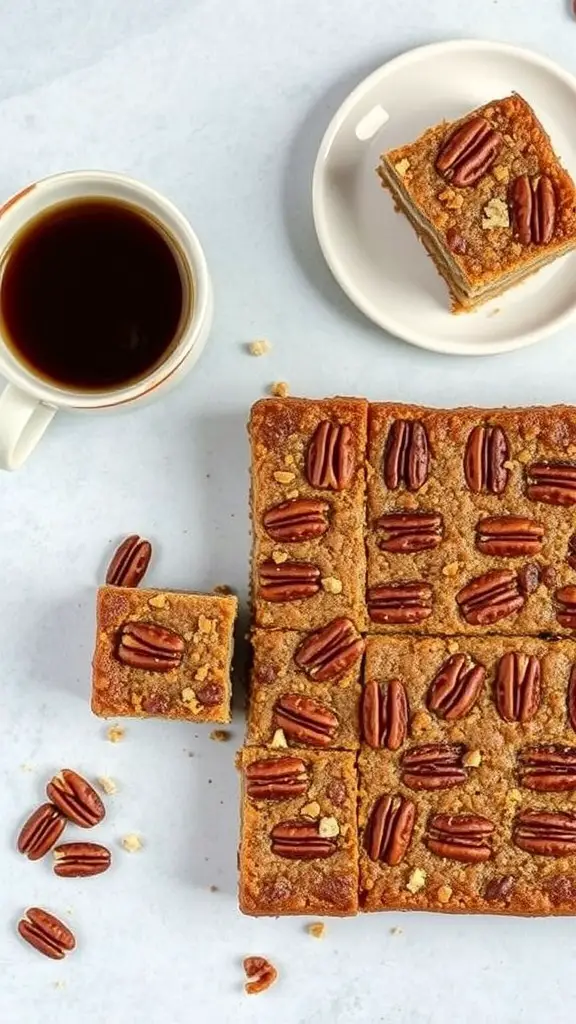 A tray of pecan pie bars topped with pecans, with a cup of coffee on the side.