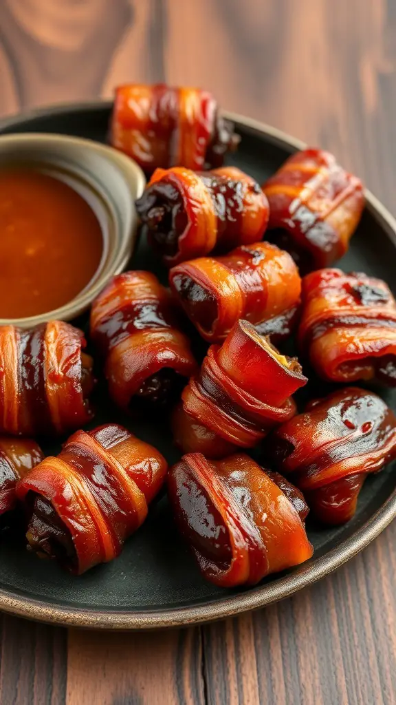 A plate of bacon-wrapped dates with a dipping sauce
