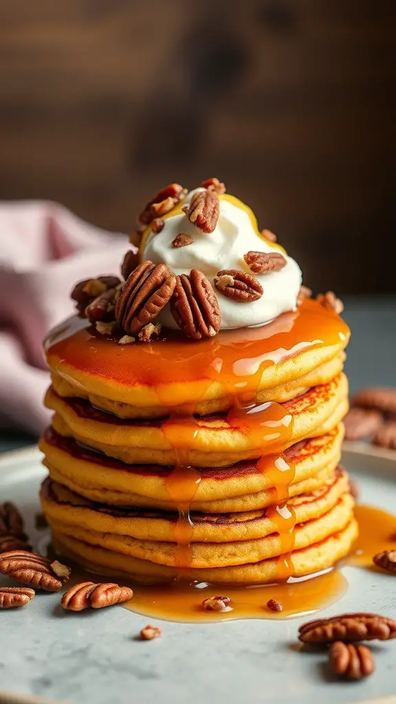 A stack of butternut squash pancakes topped with whipped cream, pecans, and syrup.