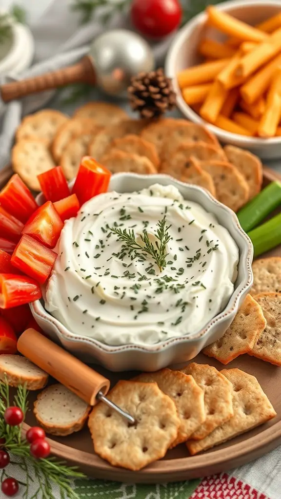 A platter featuring herbed cream cheese spread, surrounded by crackers, fresh vegetables, and festive decorations.