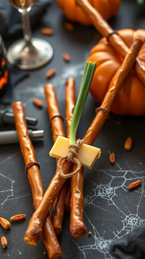 Witch's Broomstick Pretzels made with pretzel sticks, cheese, and green onions