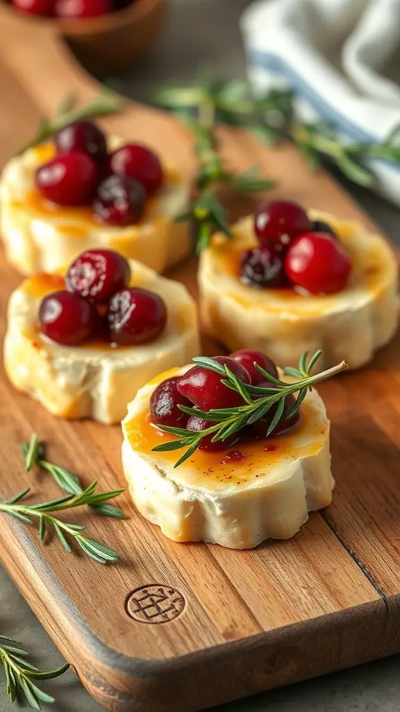 Cranberry Brie bites topped with cranberries and rosemary on a wooden board.