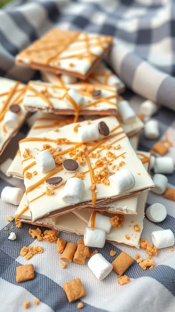 S'mores inspired almond bark with marshmallows, graham cracker crumbs, and chocolate chips.