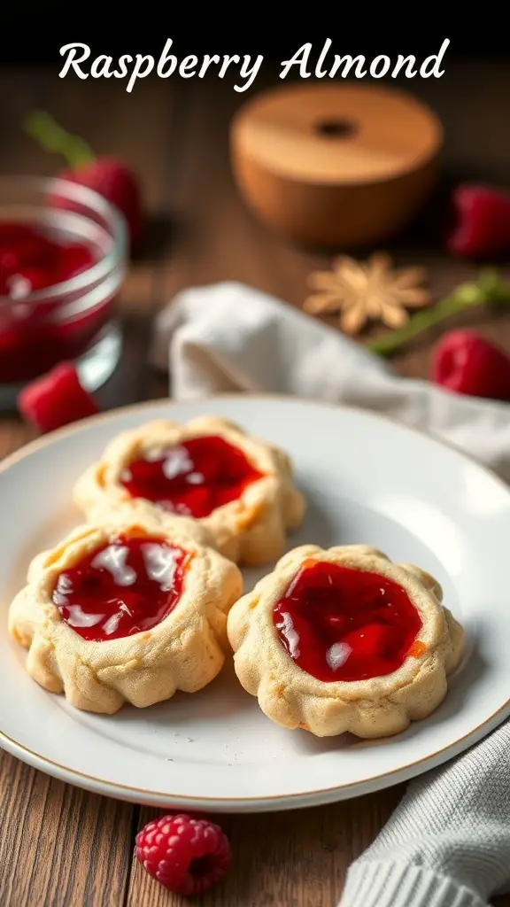 Three Raspberry Almond Thumbprint Cookies on a plate with fresh raspberries