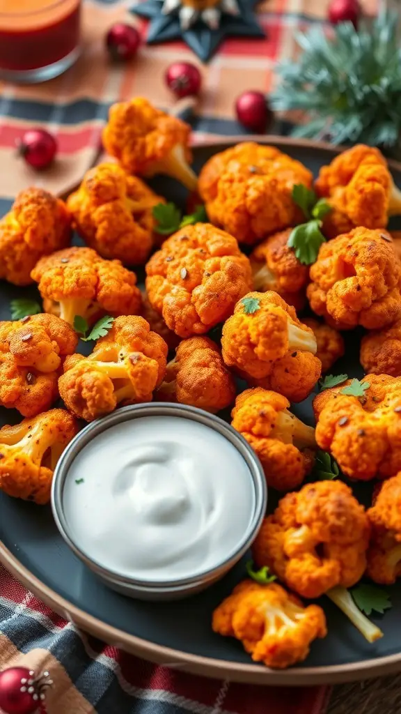 A plate of buffalo cauliflower bites with a bowl of ranch dip, set against a festive background.