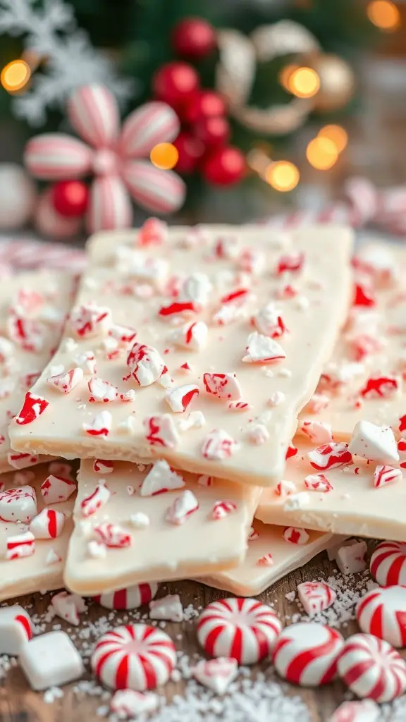 Peppermint white chocolate bark with crushed peppermint candies on top