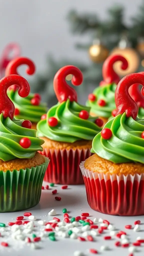 Colorful elf hat cupcakes with green frosting and red candy tips