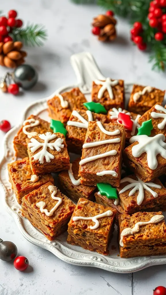 A platter of holiday fruitcake bites decorated with icing and festive toppings.