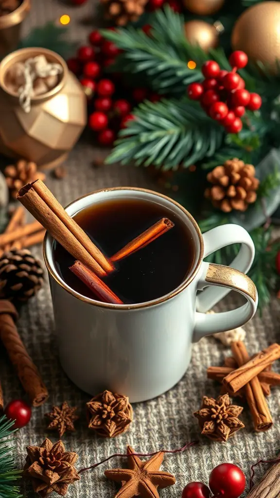 A cozy cup of cinnamon and nutmeg spiced wine surrounded by festive decorations.