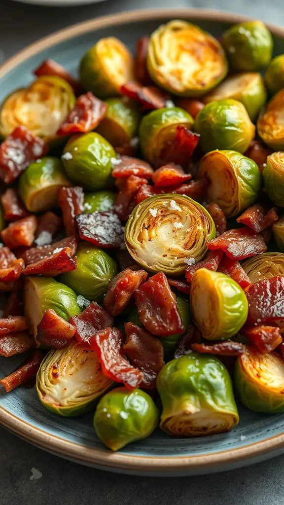 A plate of roasted Brussels sprouts mixed with crispy bacon pieces.