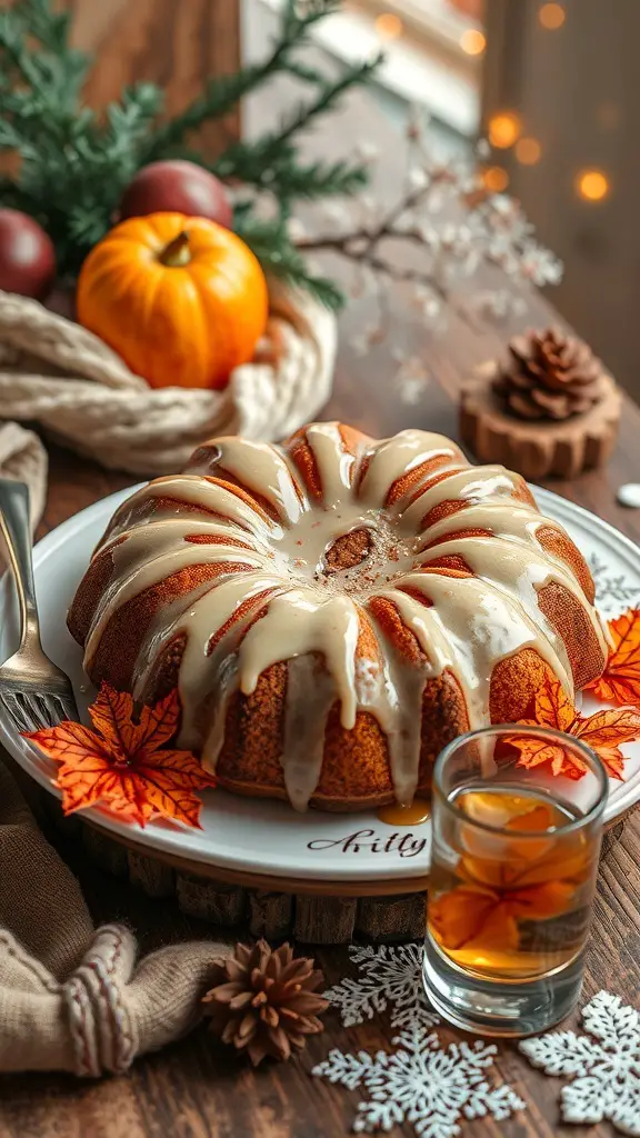 A spiced apple cider cake with a glaze, surrounded by autumn decorations like pumpkins and leaves.