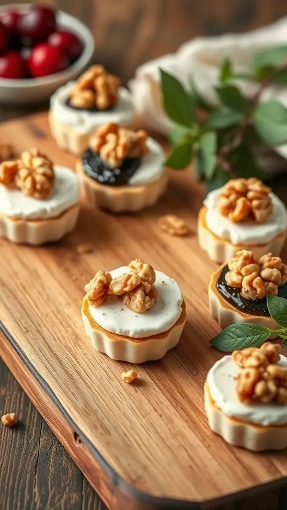 Cranberry Brie Bites with Walnut on a wooden platter