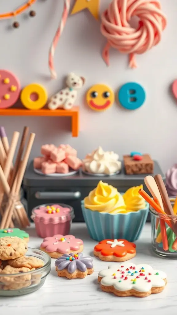 A colorful cookie decorating station with various cookies, icing, and sprinkles.