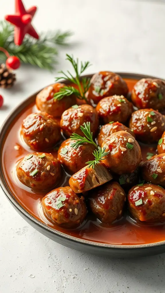 A plate of gourmet meatballs in holiday sauce garnished with herbs.