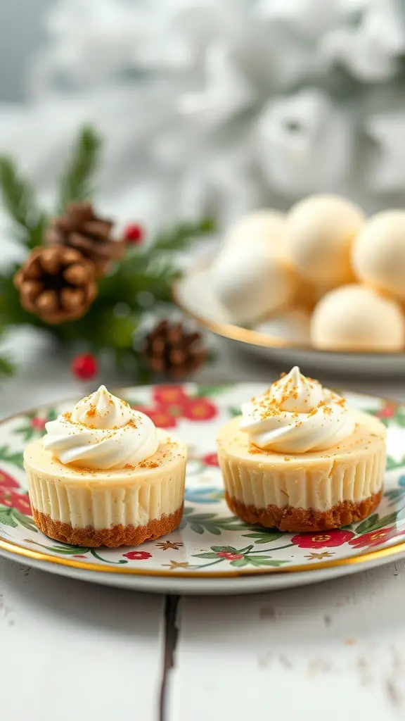 Two eggnog cheesecake bites on a floral plate, decorated with whipped cream and nutmeg.