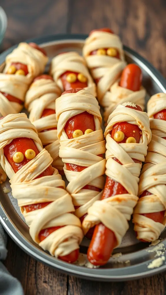 A plate of mummy hot dogs wrapped in crescent dough with mustard eyes.