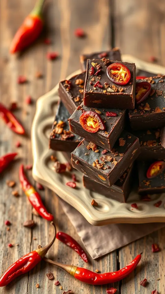 Spicy chili dark chocolate fudge squares on a plate, garnished with chili slices and surrounded by whole chilies.