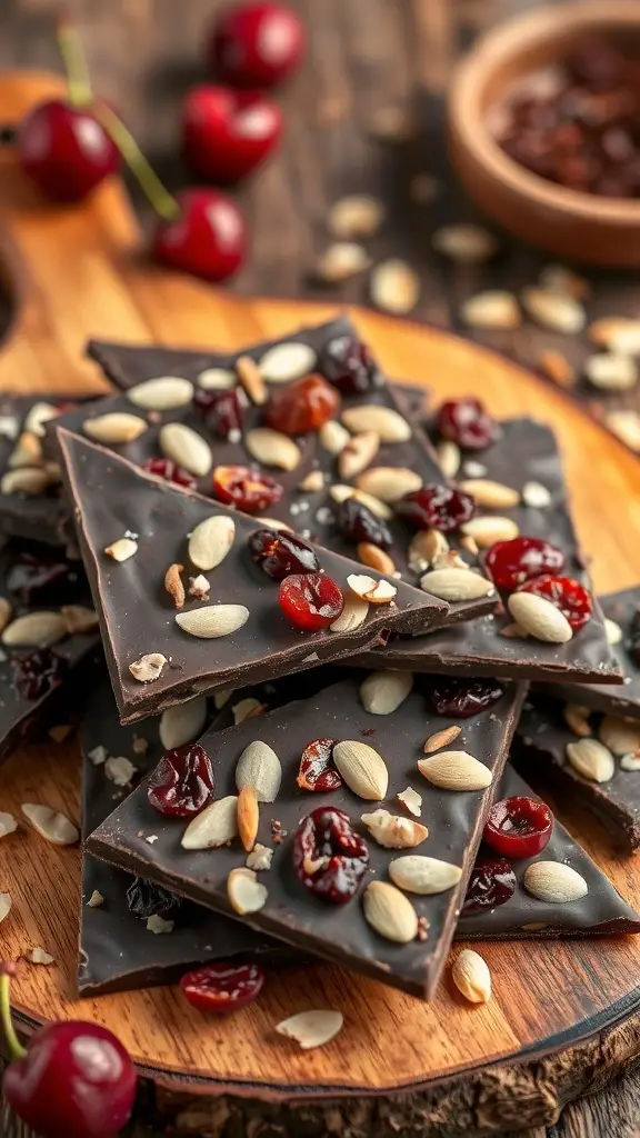 Cherry Almond Dark Chocolate Bark with cherries and almonds on a wooden board