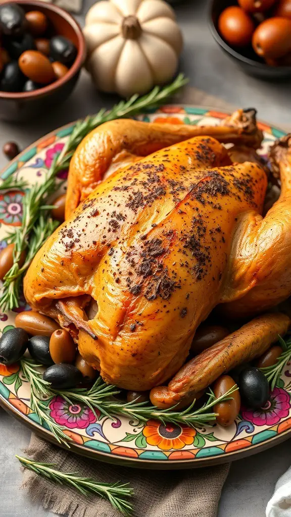 A beautifully roasted turkey with Mediterranean spices, garnished with olives and fresh herbs on a colorful plate.