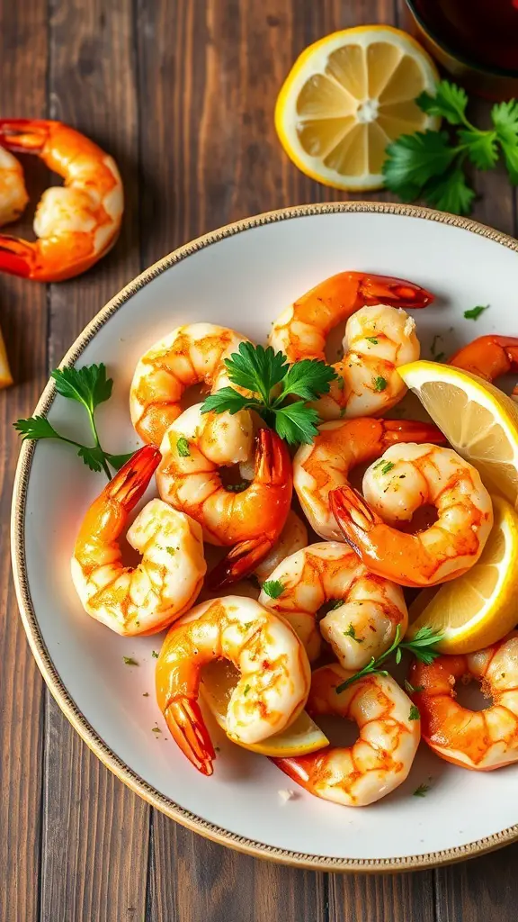 A plate of garlic parmesan roasted shrimp garnished with lemon and parsley.
