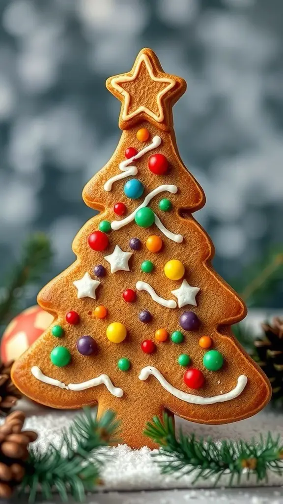A gingerbread cookie shaped like a Christmas tree, decorated with colorful candies and icing.