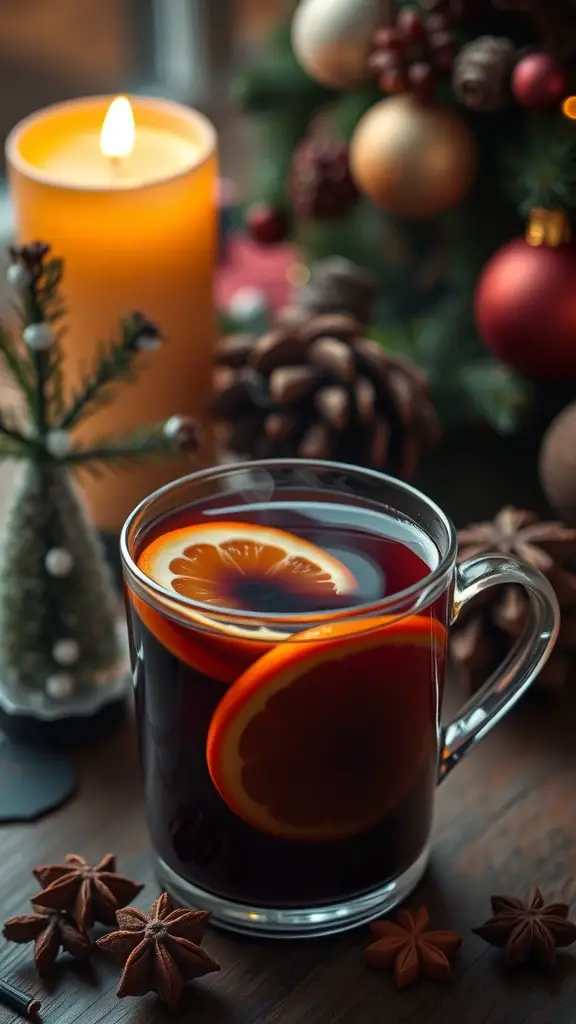 A glass of mulled wine with orange slices, surrounded by festive decorations and a candle.